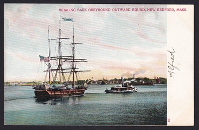 Massachusetts-MA-New Bedford-Whaling Bark Greyhound-Sail Ship-Tug-c1906 Postcard