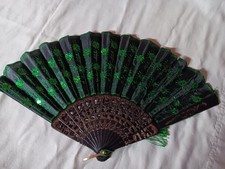 Black  Emerald Green Embroidered Fabric Folds Handheld Fan Sequin Party Bridal
