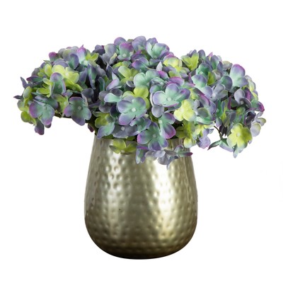 Nearly Natural 11-in Artificial Hydrangea Arrangement in Gold Metal Vase