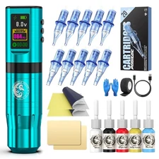 Tattoo Gun Kit, Wormhole Kit Wireless Machine with Blue 