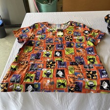 ScrubStar scrub top womens 2XL Halloween Frankenstein Cats Ghosts Spiders Boo