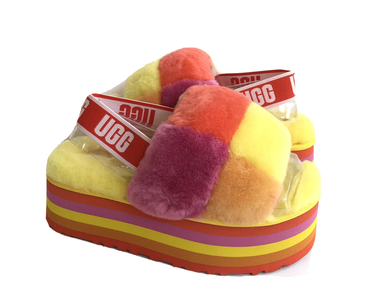 SANDALO UGG FLUFF YEAH DISCO CHECKER SLIDE PRIDE ARCOBALENO GIALLO US 9 EU 40 UK 7