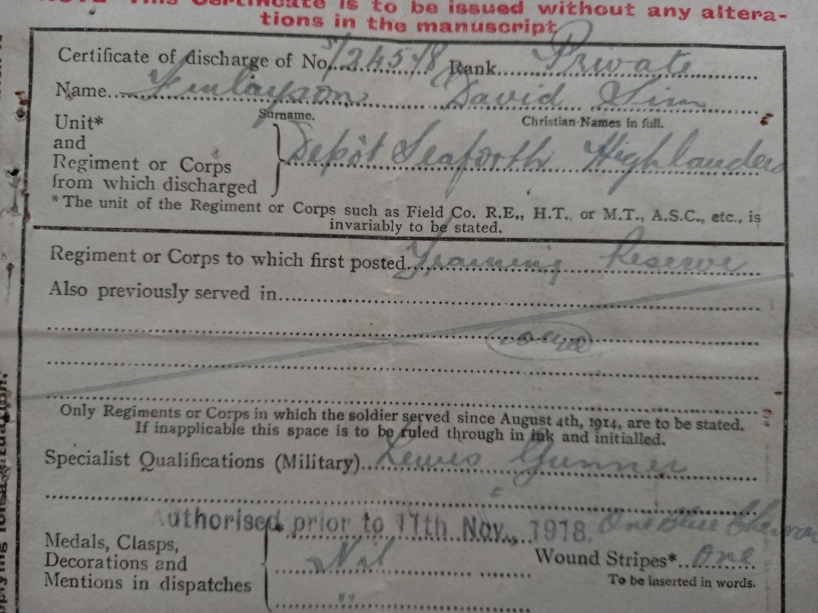 WW1 Army Form B2079 Certificate of Discharge eBay