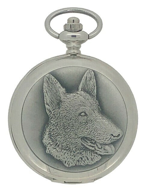 German Shepherd Dog Pewter Front Polished Quartz Pocket Watch And Chain WESTIME