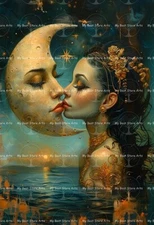 WOMAN KISSING MOON ART PRINT, Moon Sun Poster, Witchy Poster Oddity Decor D654