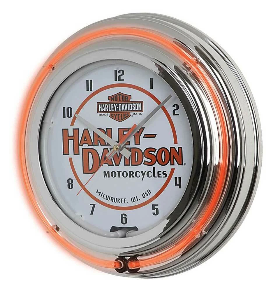 Harley Davidson Motorcycle Double Neon Bar Shield Clock Orange Neon HDL 16623