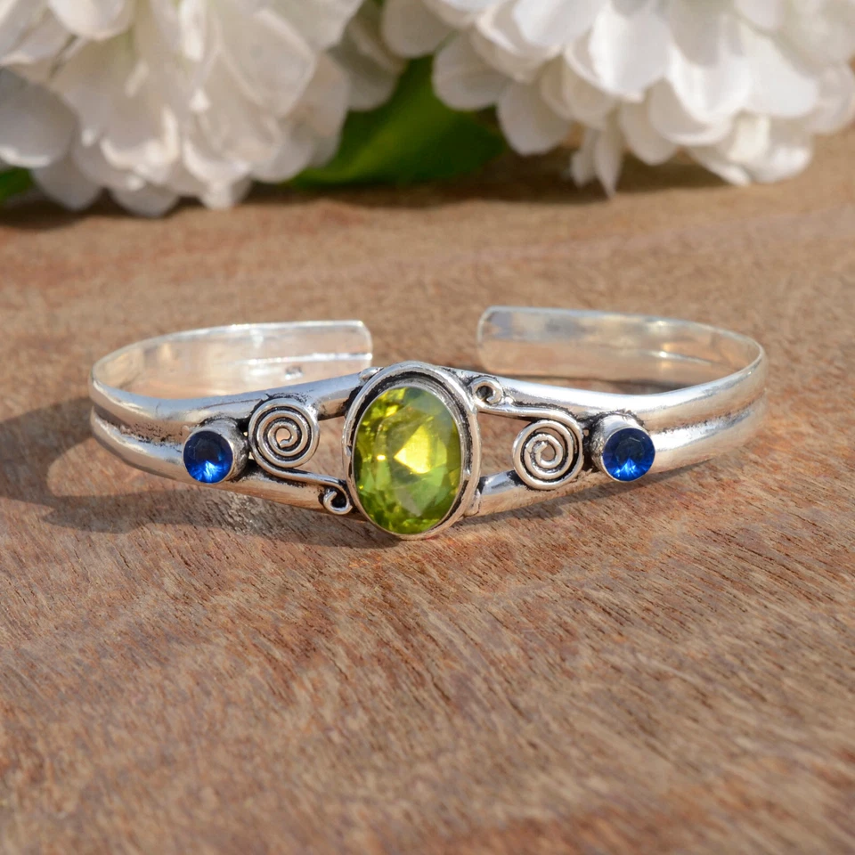 Faceted Peridot & Tanzanite Gemstone 925 Sterling Silver Festival Day Bangle - Image 3 of 4