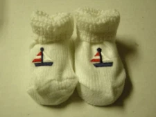 Socks/Booties W/Sailboats Appliques By Two Feet Ahead, 0-3 Mos, White, Brand New