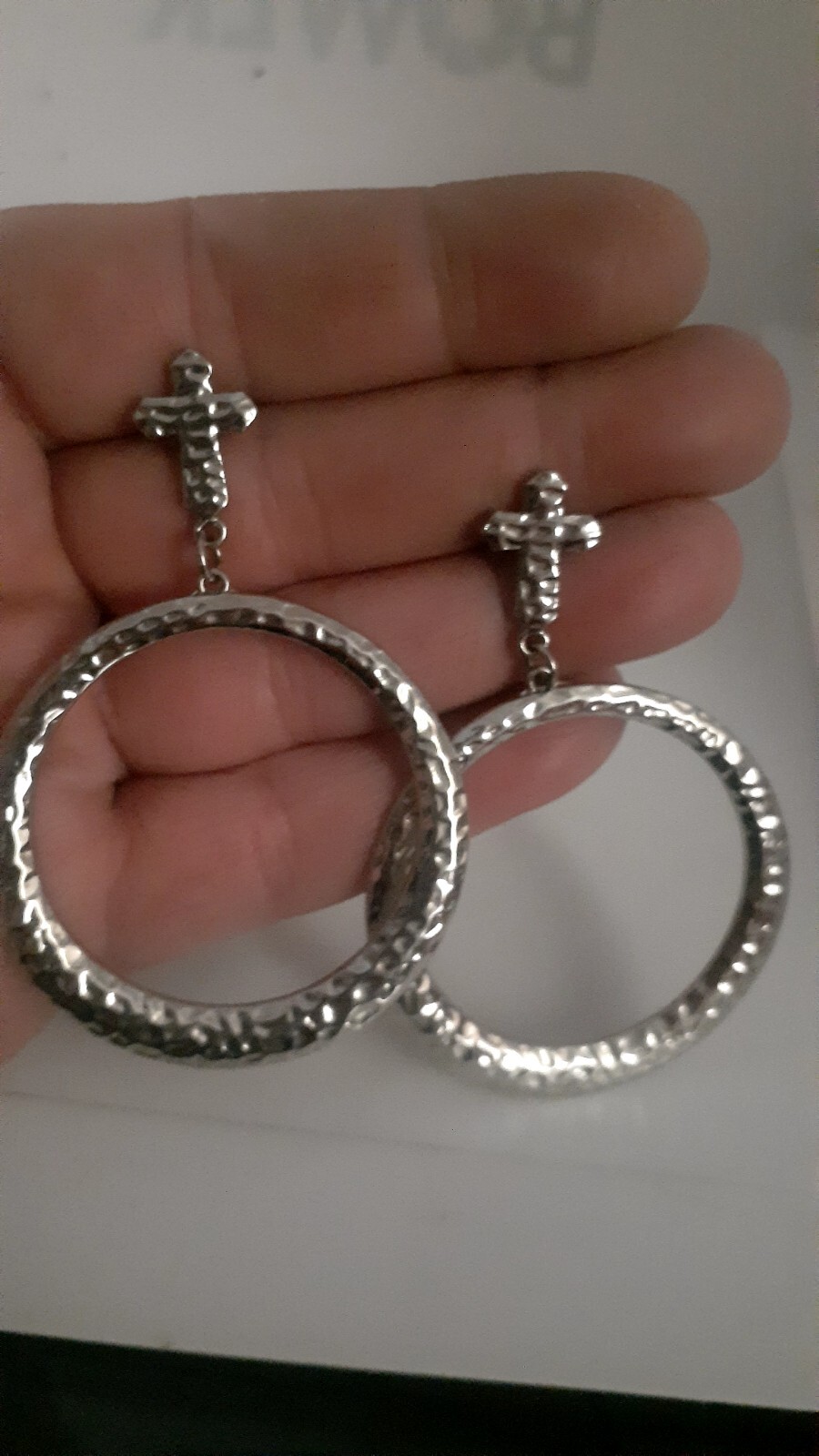 Cross Hoop Dangle/drop Hammered Silvertone Statem… - image 5