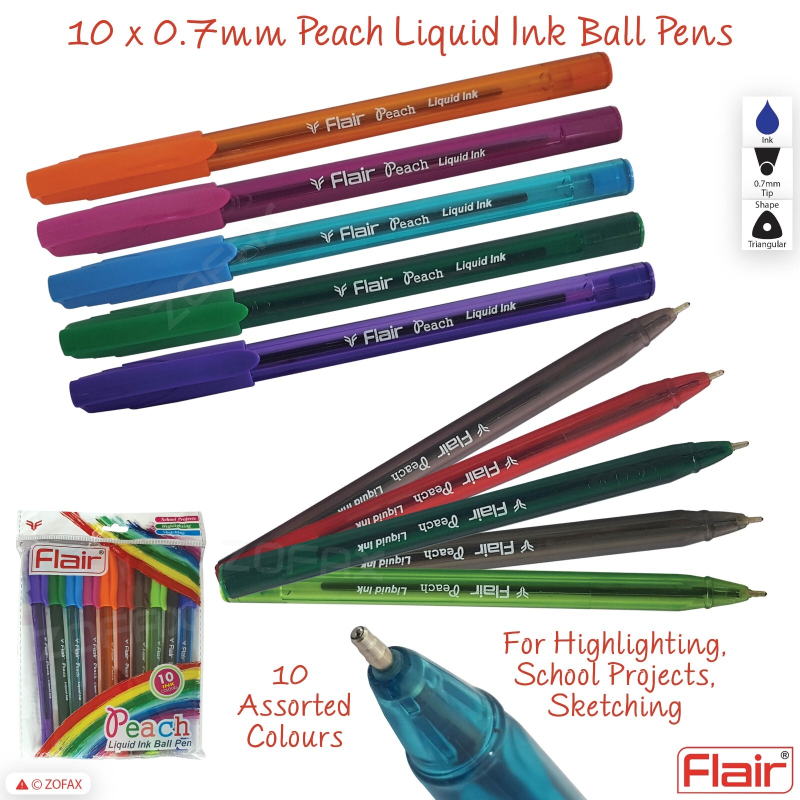 10 x 0.7mm FLAIR Peach Liquid Ink Ballpoint Pens Projects Sketching Highlighting