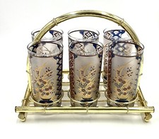 Culver  Hi Ball Cocktail glasses and holder set of 6 Imari design 22k plate A4