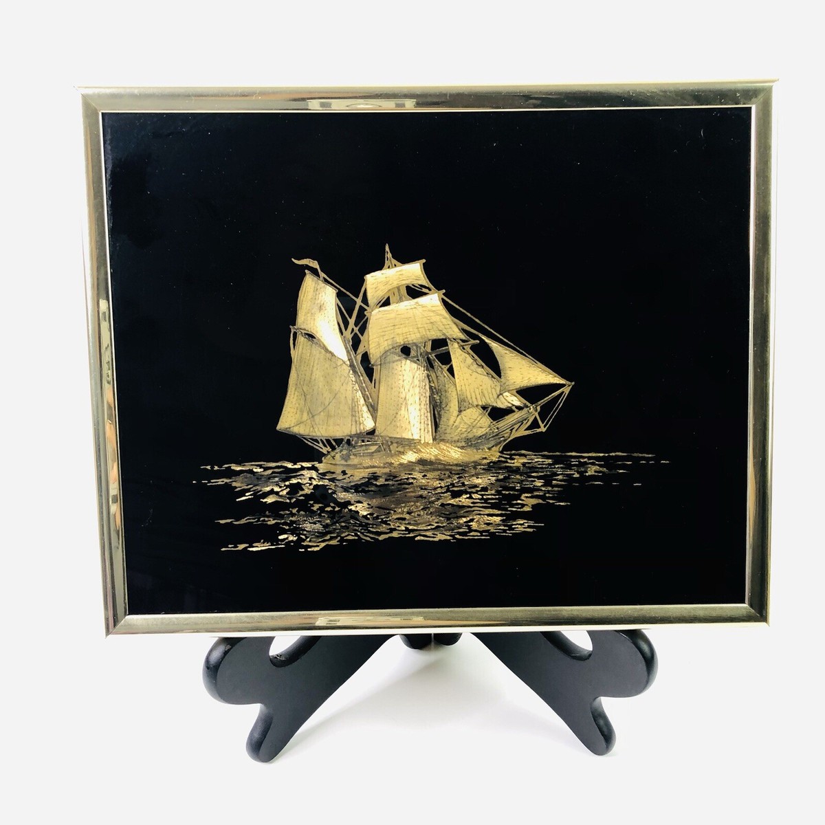 Vtg 80s Gold Foil Art Etching Sailboat Pirate Ship Sea