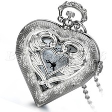 Womens Angel Wing Hollow Heart Shaped Quartz Pocket Watch Pendant Necklace Chain