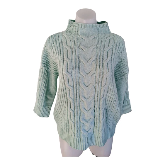 VInce Camuto Womens Size Small Cable Knit Sweater Aqua Blue High Neck 3/4  Sleeve | eBay