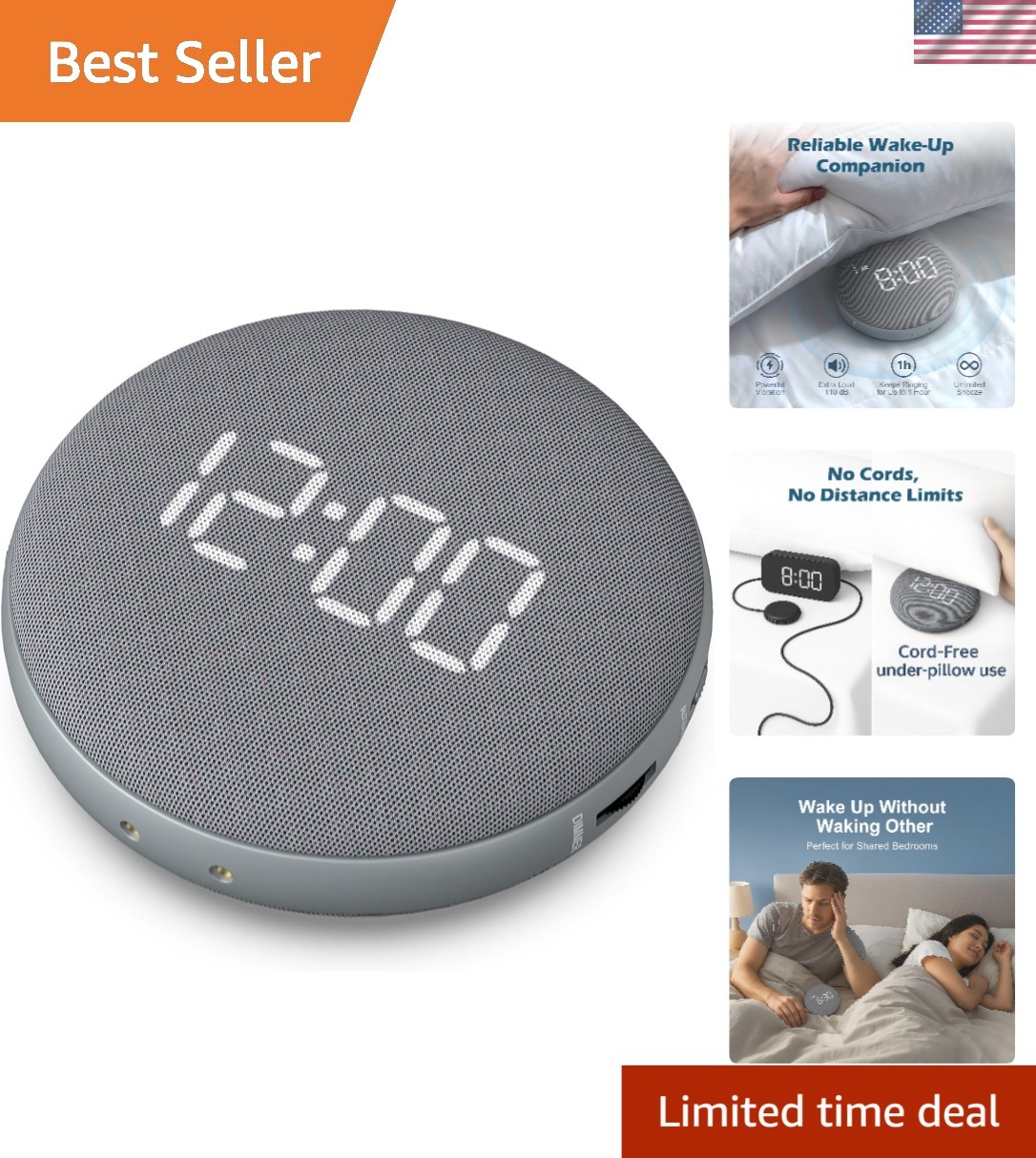 Heavy Sleepers Alarm Clock Vibrating Bed Shaker Portable Digital Rechargeable