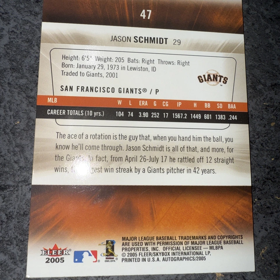 Skybox Autógrafo MLB Sf Giants Jason Schmidt Firmado Autografiado Foto 3 de 4