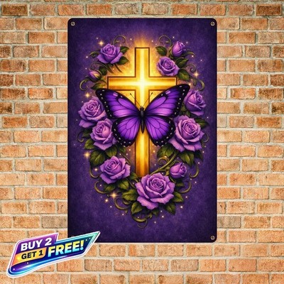 Stately Cross with Purple Flowers Canvas Style Metal Art Stately Wall Decor