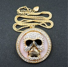 Betsey Johnson Necklace Pink Crystal Scull Pendant Gold Tone