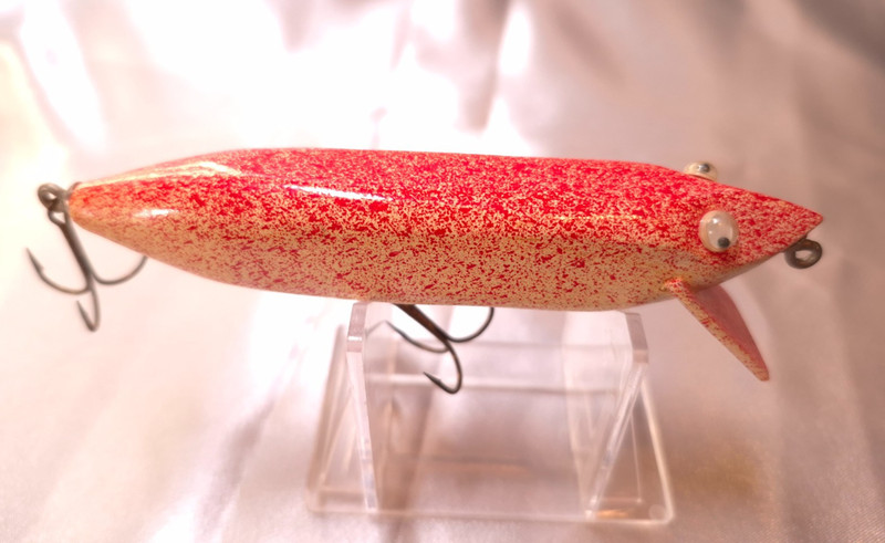 Folk Art Fishing Lure Wood Crankbait Cream Splatter Red Finish One-of-a-Kind