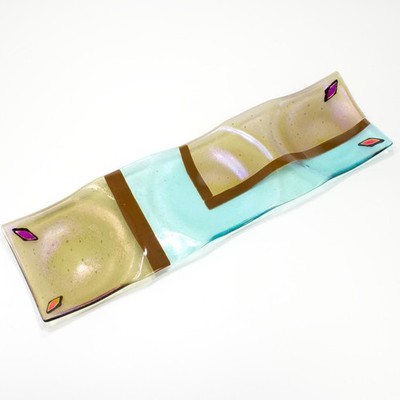 Studio Dichroic Fused Art Glass Tray Trio Dish Signed Aqua Magenta Color Shift