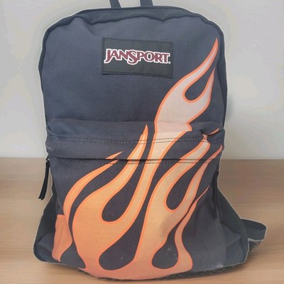 Vtg Y2k~JanSport SuperBreak Backpack T501~Black~Gradient Orange Flames~HTF