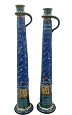 DANAO Hand Made Studio Pottery Vases Pair Tall Blue Glaze Bulgarian Ceramic