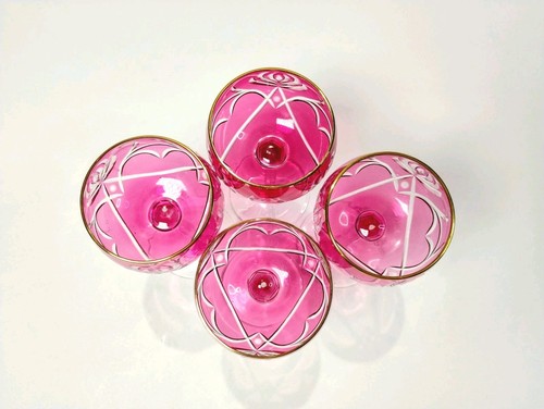 Vintage Red Cranberry Crystal Wine Glasses Cut To Clear w/ Gold Rim 7" Set of 4 - Picture 7 of 11