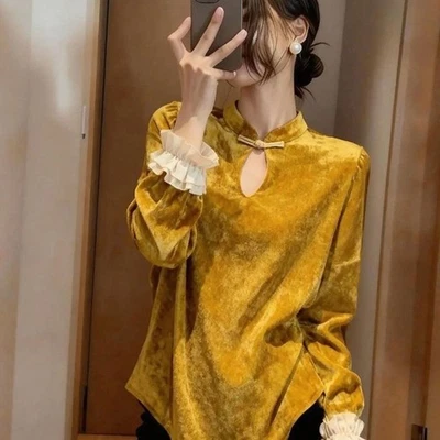 Chemisier En Velours Pour Femmes Style Chinois À Encoches Manches Longues - Photo 1/4