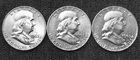 Ben Franklin Half Dollars, 90% silver content, three coins, all 1963 D