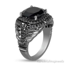 4CT Cushion Cut Real Black Onyx Women's Antique Vintage Ring 14K Black Gold FN