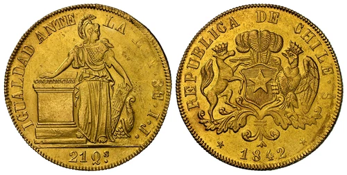 CHILE. 1842 IJ AV 8 Escudos. NGC MS62  KM 104.1; Fr.-41.