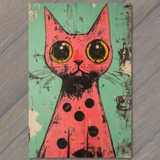 Art Print Pink Cat with Polka Dots on Green Background Bold Retro Style Cute