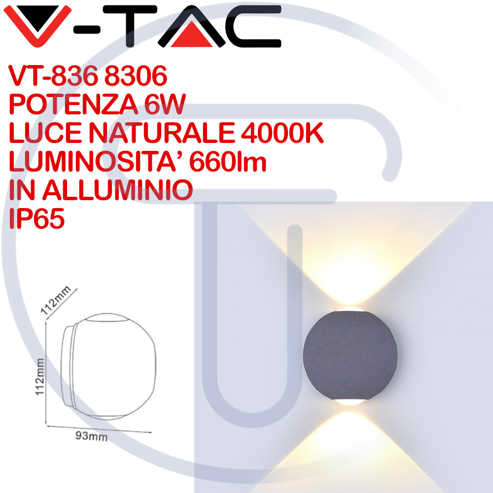 Applique LED V-TAC VT-836 6W 4000K - Illuminazione Architetturale Grigio