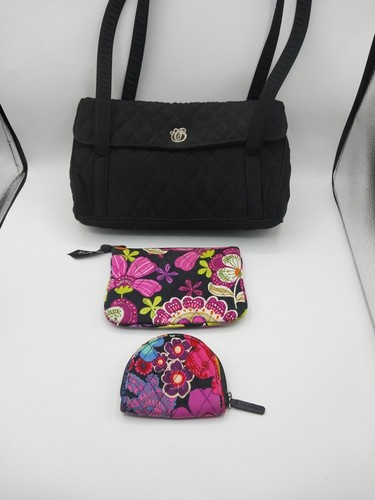 Vera Bradley Black Shoulder Bag Metal Logo Quilted Purse + Coin + Pouch set lot - Picture 3 of 24