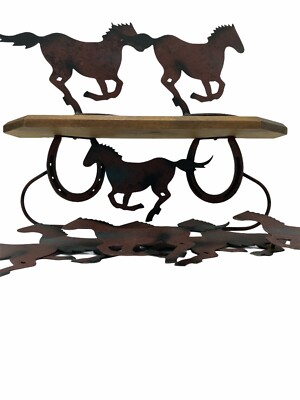 Rustic Wood Metal Western Horseshoe Cowboy Wall Art Shelf Towel Bar 5 pc Decor