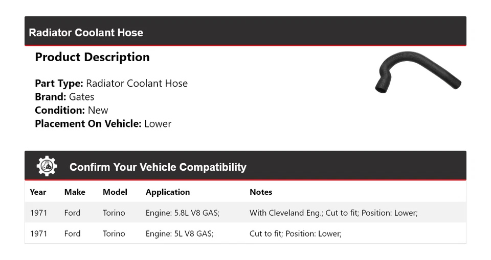 For 1971 Ford Torino Radiator Coolant Hose Lower Gates - Image 2 of 4