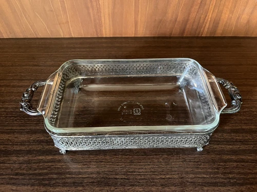 Vintage Anchor Hocking 1qt Rectangle Glass Casserole Dish Silver Plate Stand