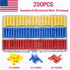 200PCS 26-10AWG Insulated Straight Butt Wire Connectors Cable Crimp Terminal Kit