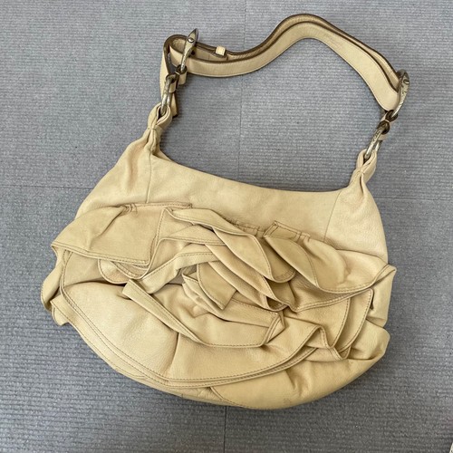 Yves Saint Laurent One Shoulder Hobo Bag Beige Leather Gathered