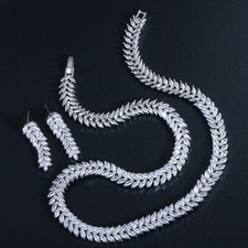Charming White CZ Bridal Wedding Leaf Necklace Earring Silver Plated Jewelry Set