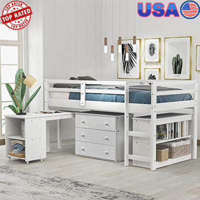 Twin Loft Bed Desk Storage Cabinet Guardrails Solid Pine Wood Space Saver New