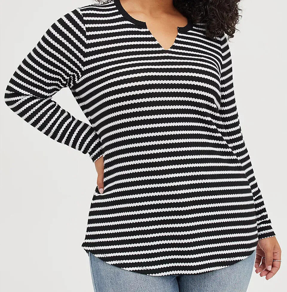 B.TRILL■Oval Wharfen Stripe Long Sleeve■送料込 Torrid Black & White Stripe V Neck Long Sleeve Waffle Top Sz