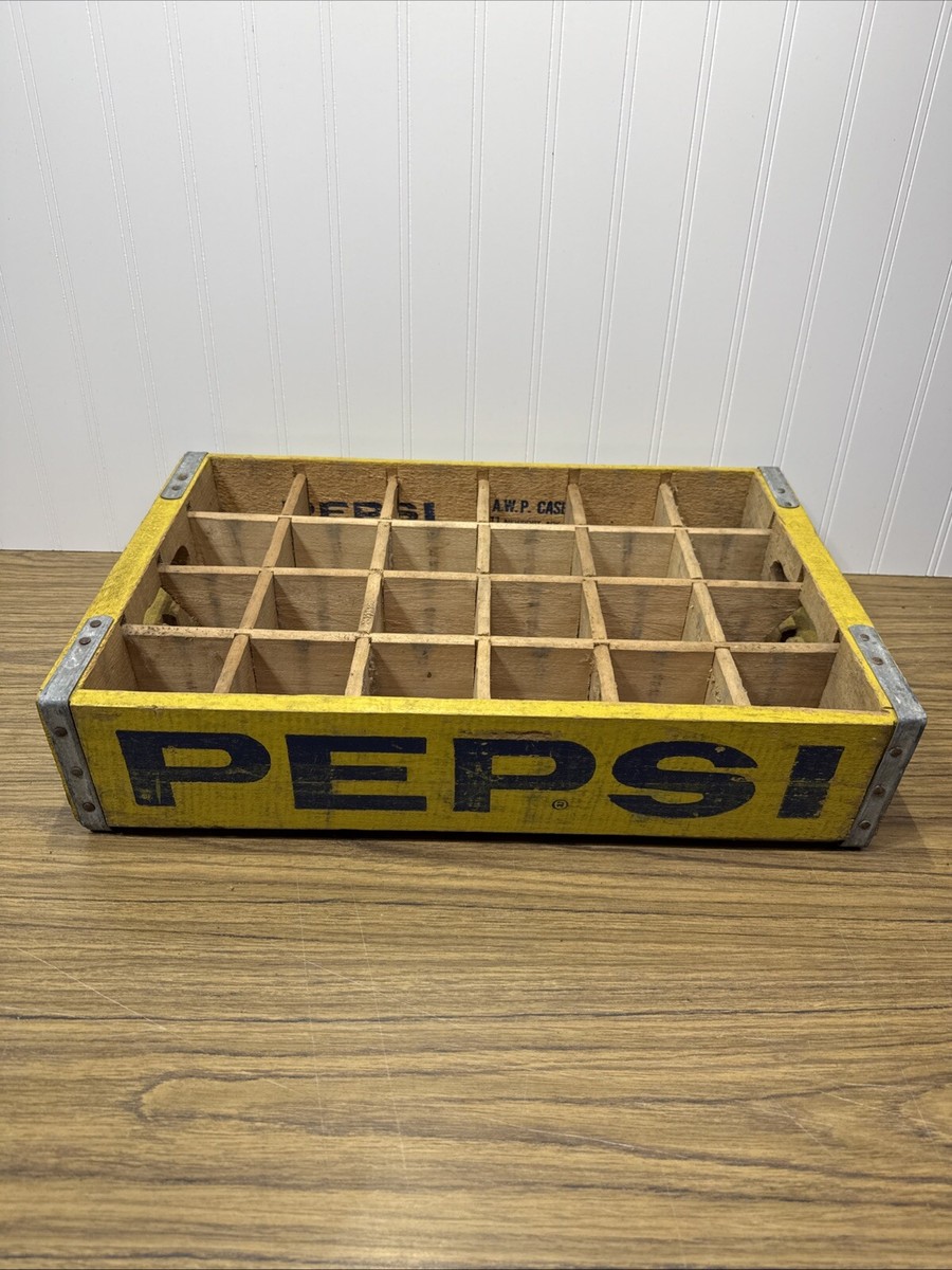VINTAGE PEPSI Wooden 24 Bottle Crate, YELLOW with BLUE