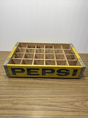 VINTAGE PEPSI Wooden 24 Bottle Crate, YELLOW with BLUE Writing 18