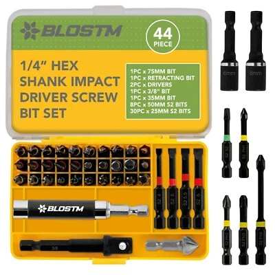 BLOSTM 44 Piece Impact Drill Screw Driver Nut Bit Magnetic Set 1/4” Hex Shank