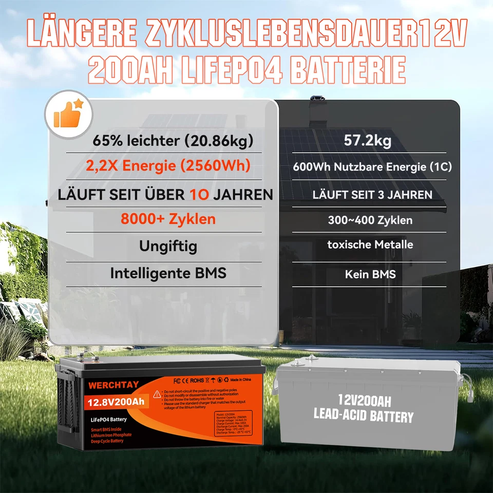 Batteria litio 12V 200Ah LiFePO4 batteria BMS 10000+ cicli camper barca camper - Immagine 3 di 4