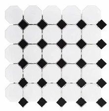 White and Black Mixed Octagon Porcelain Mosaic Floor and Wall Backsplash Tile 