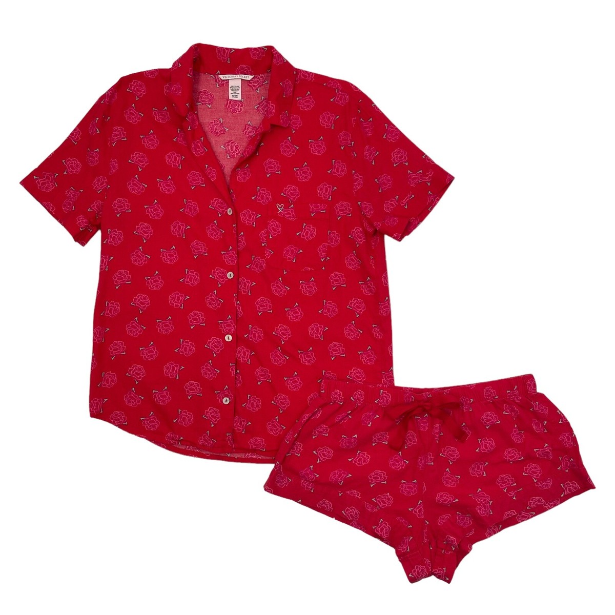 Victoria's Secret Flannel Pajama Shorts Set Pink Rose Red Cotton