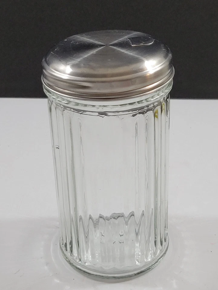 Agitador de azúcar de vidrio acanalado transparente Anchor Hocking tapa de acero inoxidable Foto 4 de 4