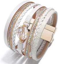 Unisex White Leather Multi-Layer Bracelet Natural Stone Center Magnetic Clasp